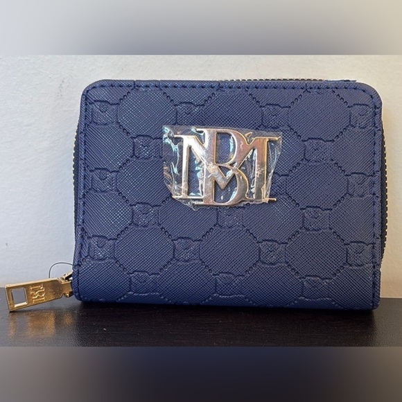Badgley Mischka Zip Around Wallet Electric Blue Monogram Vegan Leather NWT Glam - Picture 1 of 9